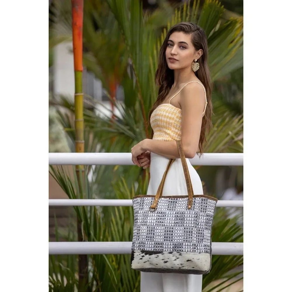 Myra Bag Handmade Amazing Tote Bag Upcycled Canvas & Cowhide Leather
